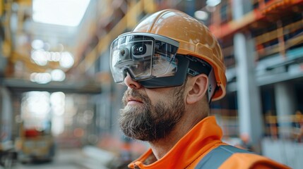 A construction manager utilizing augmented reality glasses to coordinate logistics and optimize workflow at a busy construction site.