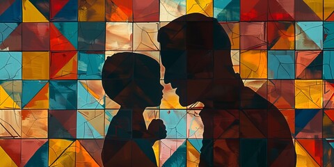 Abstract geometric tribute: Father and child silhouettes framed by symbols