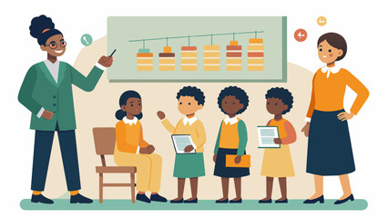 A teacher leads a classroom of children in a discussion about the history of Juneteenth using a timeline and visual aids to engage them.. Vector illustration