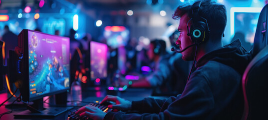 Obraz premium Young boys group playing video game on computer