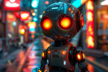 Futuristic robot in an illuminated city street