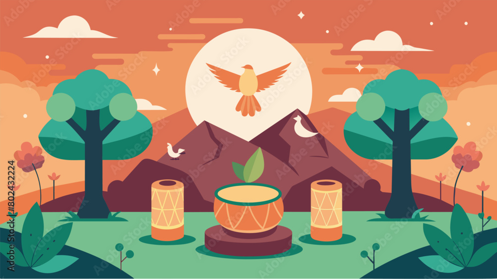 Poster the sound of the drums merges with the chirping of birds and rustling of trees creating a serene and