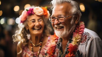 Amusing stock image of seniors dancing at a luau party, their laughter and festive attire conveying a sense of lightness and enjoyment