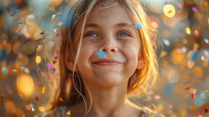 A delighted young girl with a bright smile, celebrating a joyful moment with colorful confetti around her..