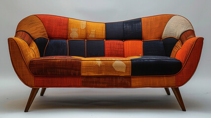 A mid-century modern sofa chair with tapered legs and geometric patterns, adding retro charm to a living space.