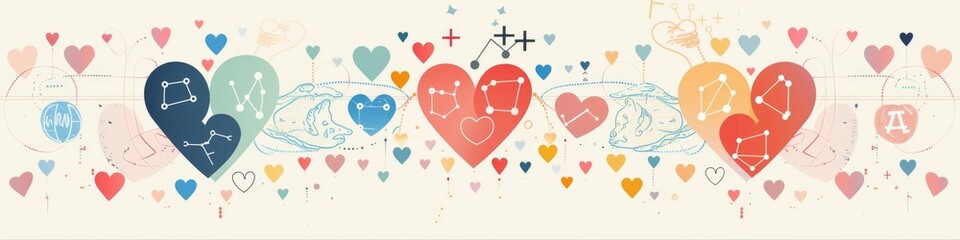 Colorful bright infographic displaying love compatibility between zodiac signs, featuring heart symbols, match percentages, and romantic imagery - obrazy, fototapety, plakaty