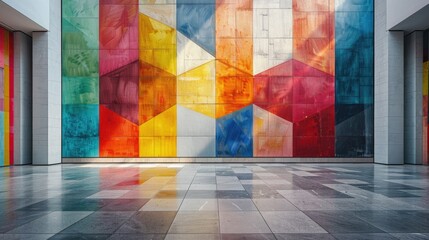 A modern art installation with colorful geometric shapes on a large wall, transforming the public...