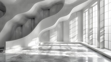 An intricate white wavy structure creates a futuristic and artistic interior space with contrasting light