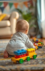 Cute little baby playing with colorful toy train on the floor at home.