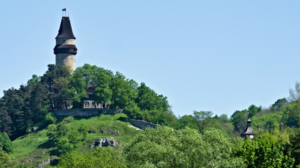 Stone tower of medieval castle Stramberska Truba from 13st century. Stramberk village, Czech republic. - obrazy, fototapety, plakaty