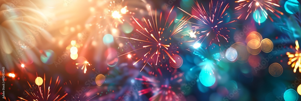 Poster a colorful fireworks display with blurry lights in the background