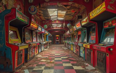 The image shows an abandoned arcade with rows of old arcade games