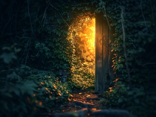 doorway in forest with light coming through it and a path leading to it