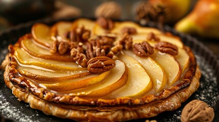 Delicious pastry with brie cheese and candied pear slices decorated with chopped walnuts