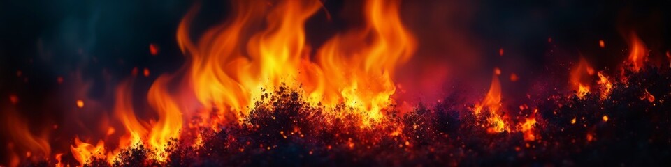 Abstract illustration of fire texture and burning grass on dark background. Background for design, space for text.	
