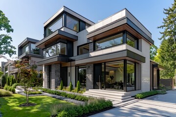 modern house with a lot of windows and a lot of grass and trees in front of it and a walkway leading to the front door