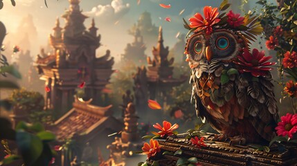 An anthropomorphic Owl adorned in vibrant Aztec