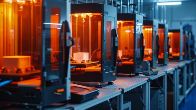 A production line of 3D printers in a high-tech manufacturing facility, illustrating the scalability and efficiency of additive manufacturing processes.