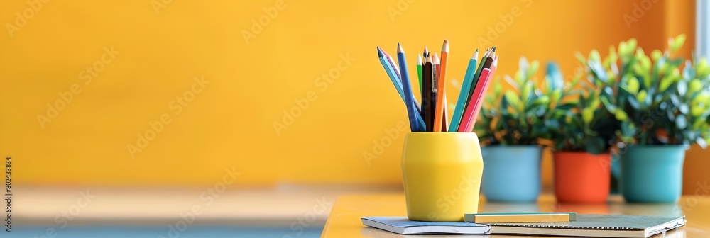 Aufkleber vase with pencils and a notebook on a table with a yellow wall in the background