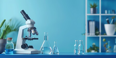 lab microscope and some bottles on a table with a cactus in the background and a blue wal