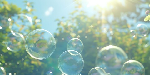a bunch of bubbles floating in the air near trees and a blue sky with a few clouds in the background