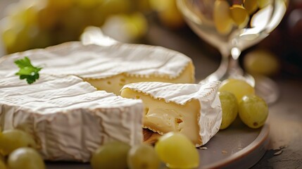 Close-up view of delicious brie cheese with green grapes and a glass of white wine
