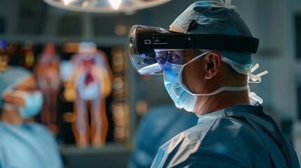 A surgeon using AR glasses to visualize internal anatomy and surgical pathways during a minimally invasive procedure.