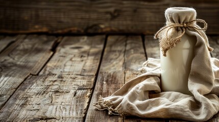 a bottle of milk adorned with burlap and jute, resting on a rustic wooden table against a backdrop of soft beige fabric. - obrazy, fototapety, plakaty