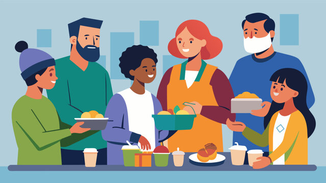 Members of a church group serving meals to homeless individuals and families spreading love and compassion on this special day of remembrance.. Vector illustration
