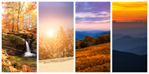 stunning summer - winter  collage, awesome evening landscape, beautiful nature background in the mountains ...exclusive - this image is sell only on Adobe stock	