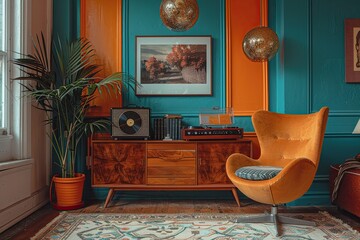 A meticulously designed mid-century modern living room featuring burnt orange and teal walls showcasing curated vintage furniture and sputnik chandeliers. A sleek record player sits 