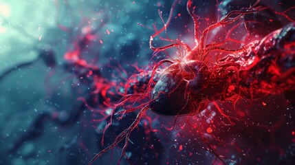 3D rendering image showcasing the flow of blood through the heart and the circulatory system, including the pulmonary and systemic circuits