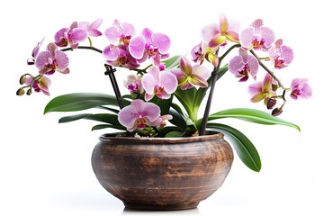 Naklejka premium Orchid flowers in pot isolated on white background