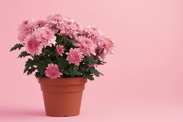 Fresh chrysanthemum flowers in pot on pink background