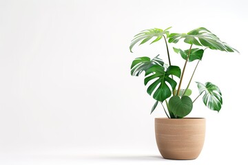 Green monstera tree in pot on white background