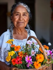 Joyful Latina Elder Holding Vibrant Floral Basket in Traditional Dress