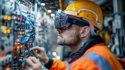 An engineer inspecting electrical systems through augmented reality glasses, identifying and troubleshooting issues with precision.