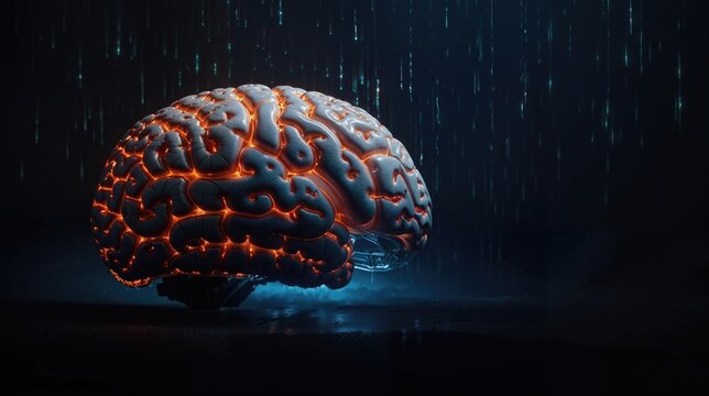 The image features a digital brain with glowing orange wiring against a dark background. The brain is also surrounded by digital numbers. It appears as if it's raining digital numbers.