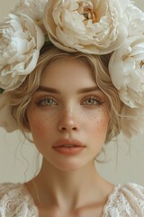 realistic Illustration of a beautiful woman with large peonies on her head. fashion beauty portrait, vertical