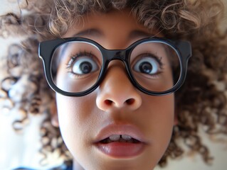 Close-up of a young child with wide eyes and glasses, expressing surprise and curiosity.