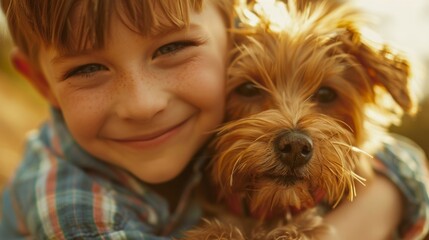 Close-up of a smiling child cuddling their furry friend while the whole family enjoys a playful day outdoors.