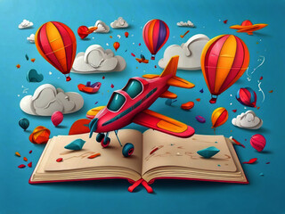 Children's Day with flying colorful 3D paper balloons and airplanes on a school notebook background. Vector doodle cartoon kids, planes, and balloons poster template design.