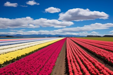 Colorful tulip fields with a variety of hues set against a blue sky, white clouds, and distant mountains. Ideal for spring and summer themes, travel, tourism, or as a vivid backdrop for text.