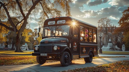 Slate black ice cream truck in a park on a sunny day, sweet treats on wheels, copy space for text