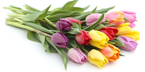 A bouquet of colorful tulips on a wooden table
