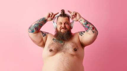 Photo of a happy chubby bearded man with a big belly and tattoos wearing white headphones, holding up fingers to his ear on a pink background with pastel colors,