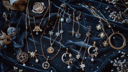 Elegant display of celestial-themed jewelry, including zodiac sign pendants, moon phase earrings, and star cluster bracelets, laid out on a dark velvet background under soft,