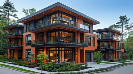 Fototapeta premium Contemporary luxury apartment building with a striking orange and gray exterior, featuring spacious balconies and landscaped gardens at dusk..