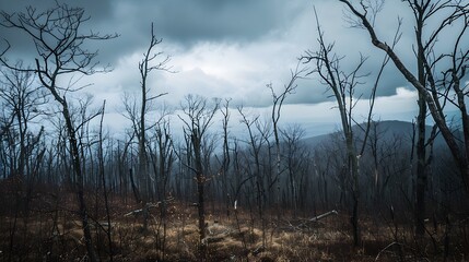 Barren Forest Landscape with Bare Branches Reaching Towards Stormy Gray Sky