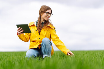 Woman Farmer on a green wheat field with a tablet. Smart farm. The concept of the agricultural...